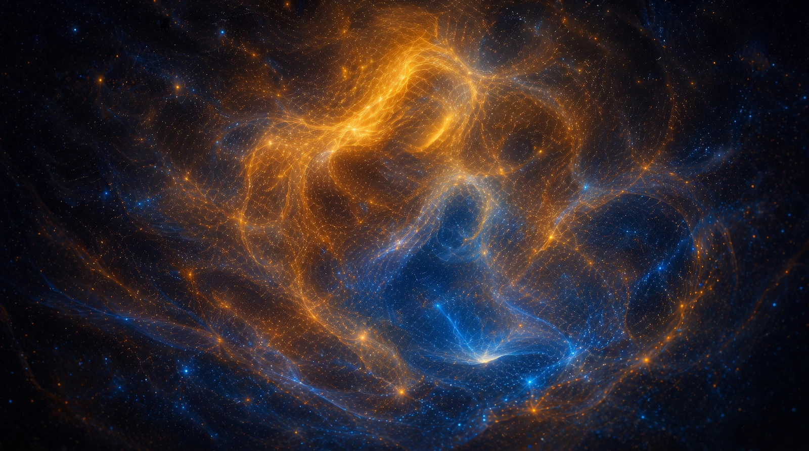 Hero shot, a picture depicting two constellation-like silhouettes, possibly representing two figures, one male and one female, embracing each other in the universe.